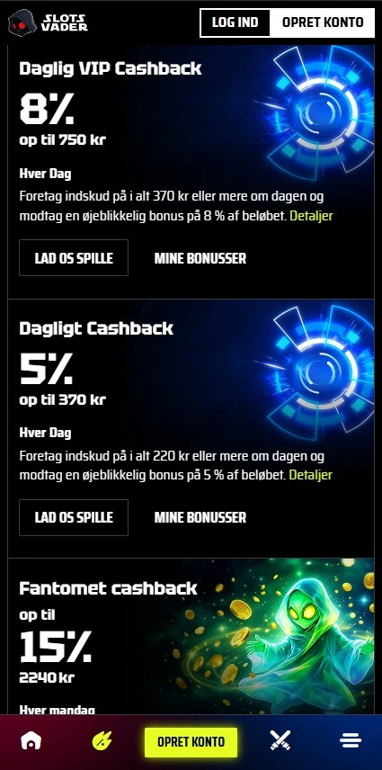 slotsvader mobile bonuses page